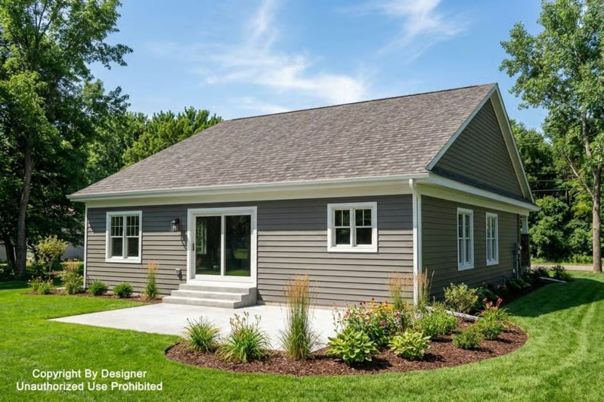 Gray Vinyl Siding and a Concrete Patio Anchor This Backyard Elevation