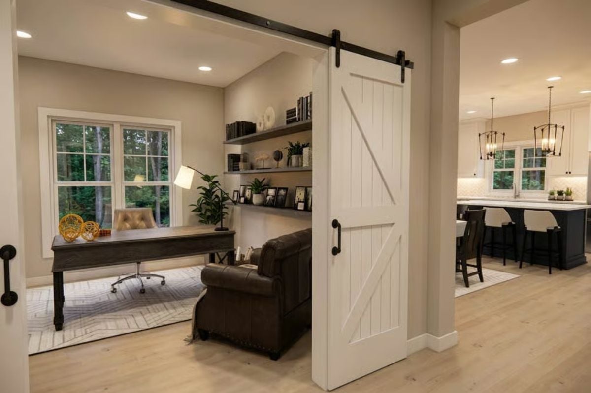 Sliding Barn Door Connects a Home Office to the Kitchen Without Sacrificing Either