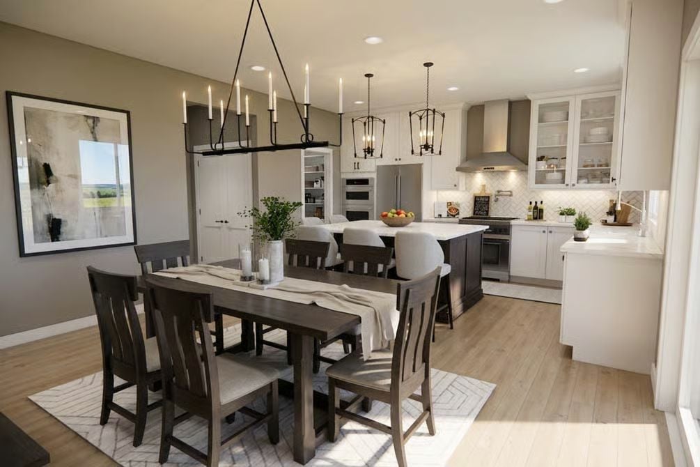 Candle-Style Chandelier, Dark Wood Dining Set, Open Kitchen Beyond
