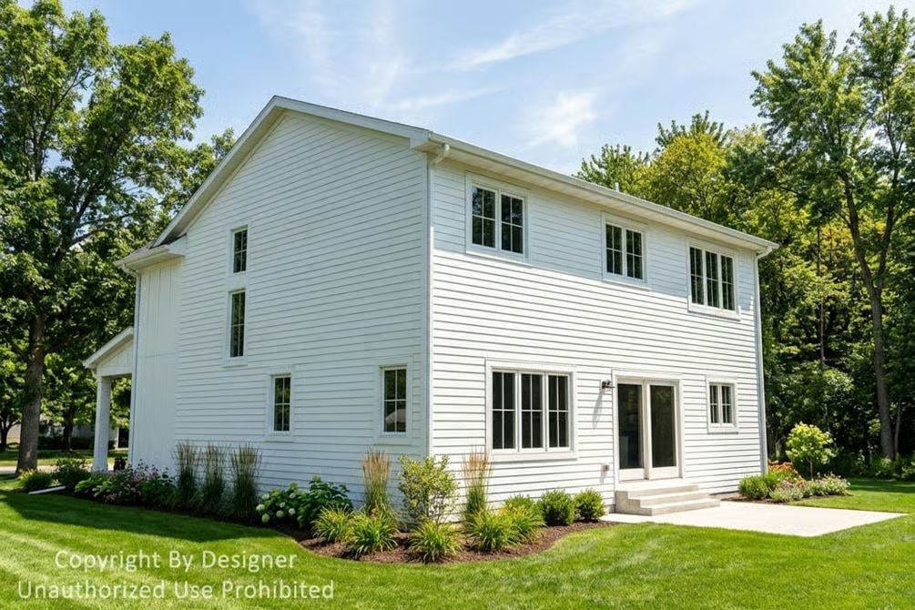 White Horizontal Siding and Generous Windows Define This Farmhouse Rear Elevation