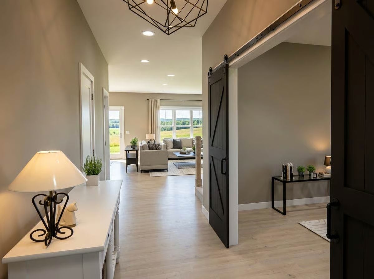 Sliding Barn Door Opens Into a Farmhouse Foyer With Rural Views Beyond