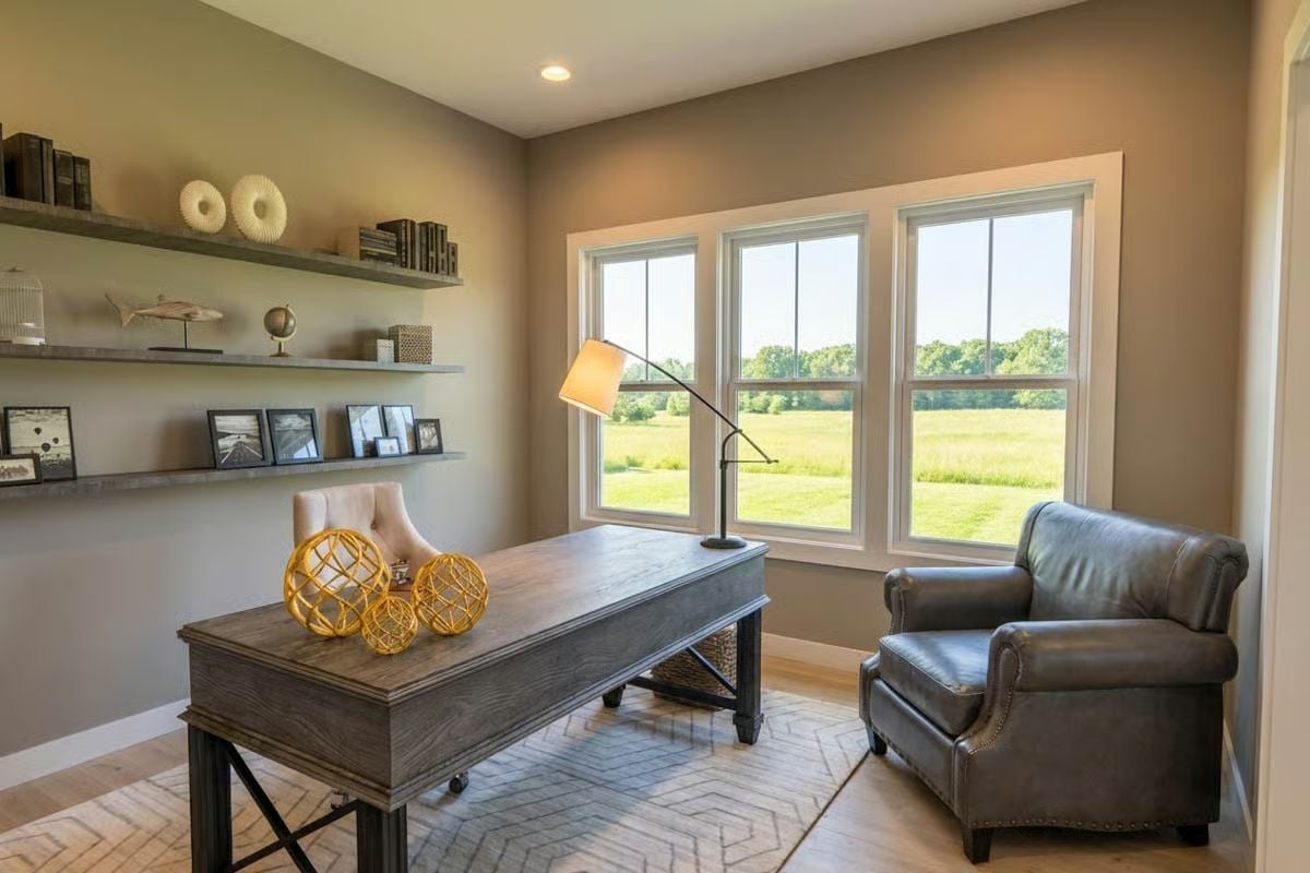 Floating Shelves and Pastoral Views Frame a Home Office Worth Working In
