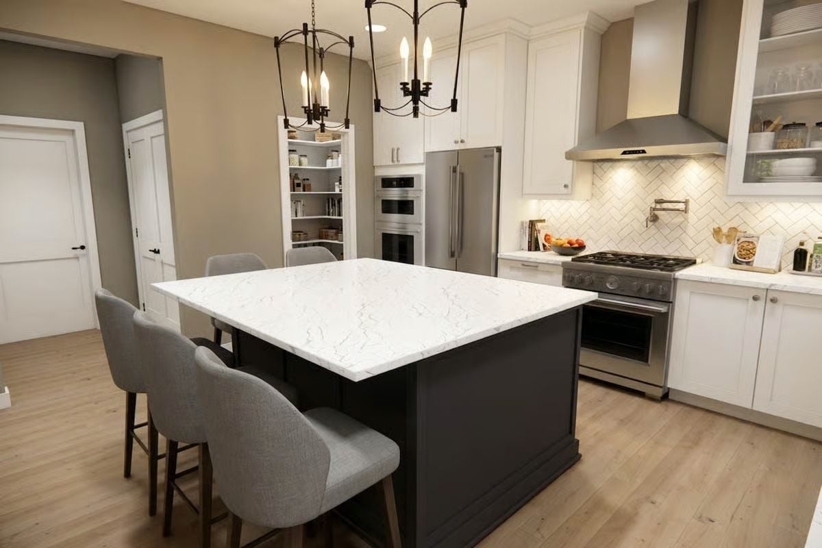 Dark Island Base and Marble-Look Quartz Make a Case for Contrast