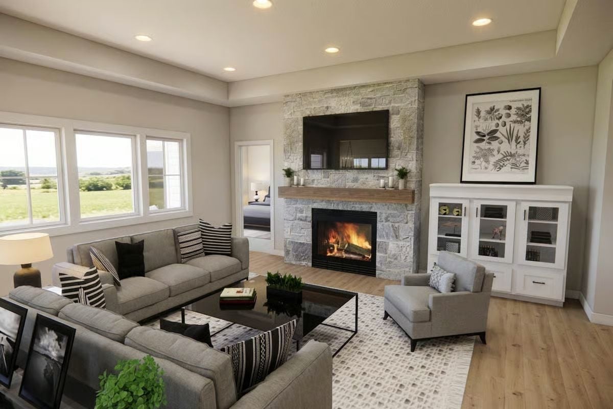 Stone Fireplace, Warm Wood Mantel, and a View Worth Keeping