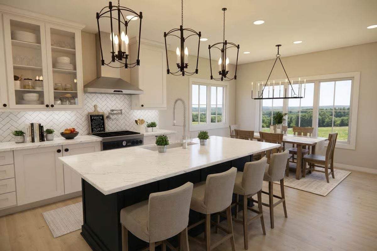 Marble Island, Dark Base, and a Dining Nook With a View That Earns Its Place