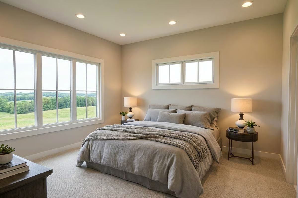 Greige Walls, Layered Linens, and a Window That Frames Rolling Farmland