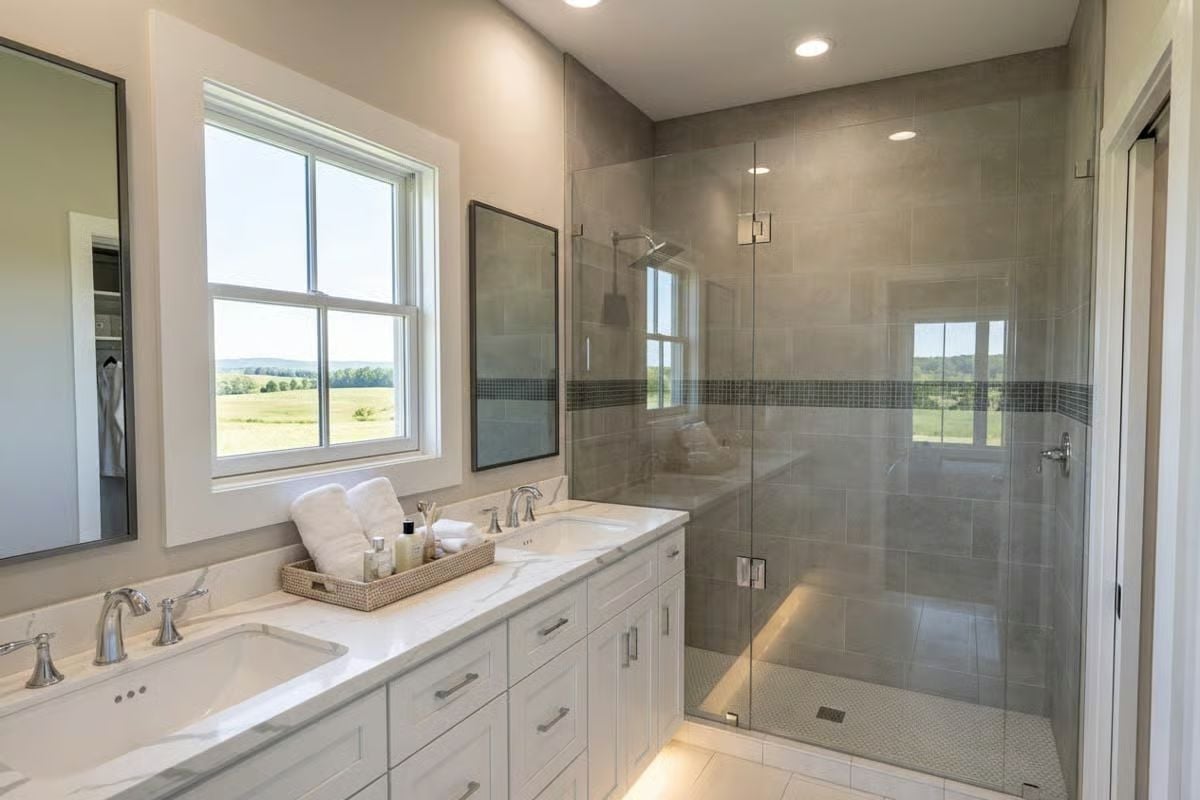 Frameless Glass, Mosaic Tile Accent Band, and a Shower With a Pastoral View