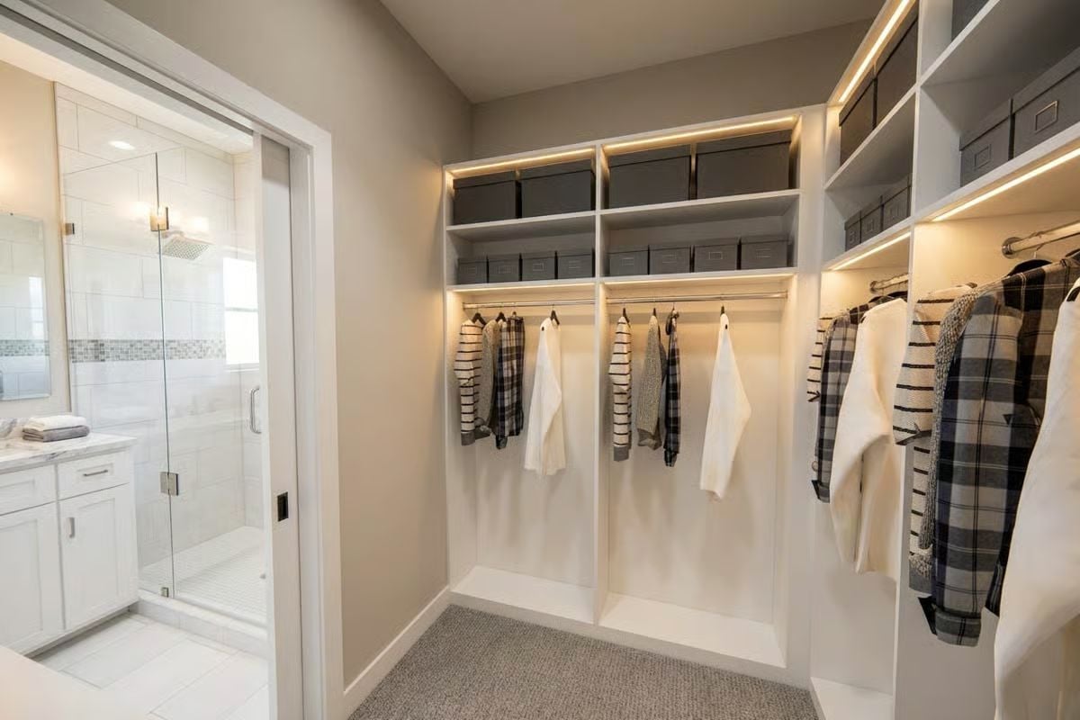 LED Strip Lighting, Gray Storage Bins, and a Walk-In That Connects Directly to the Bath