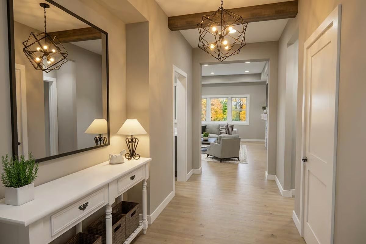 Geometric Pendants and Exposed Beams Set the Tone for This Entryway