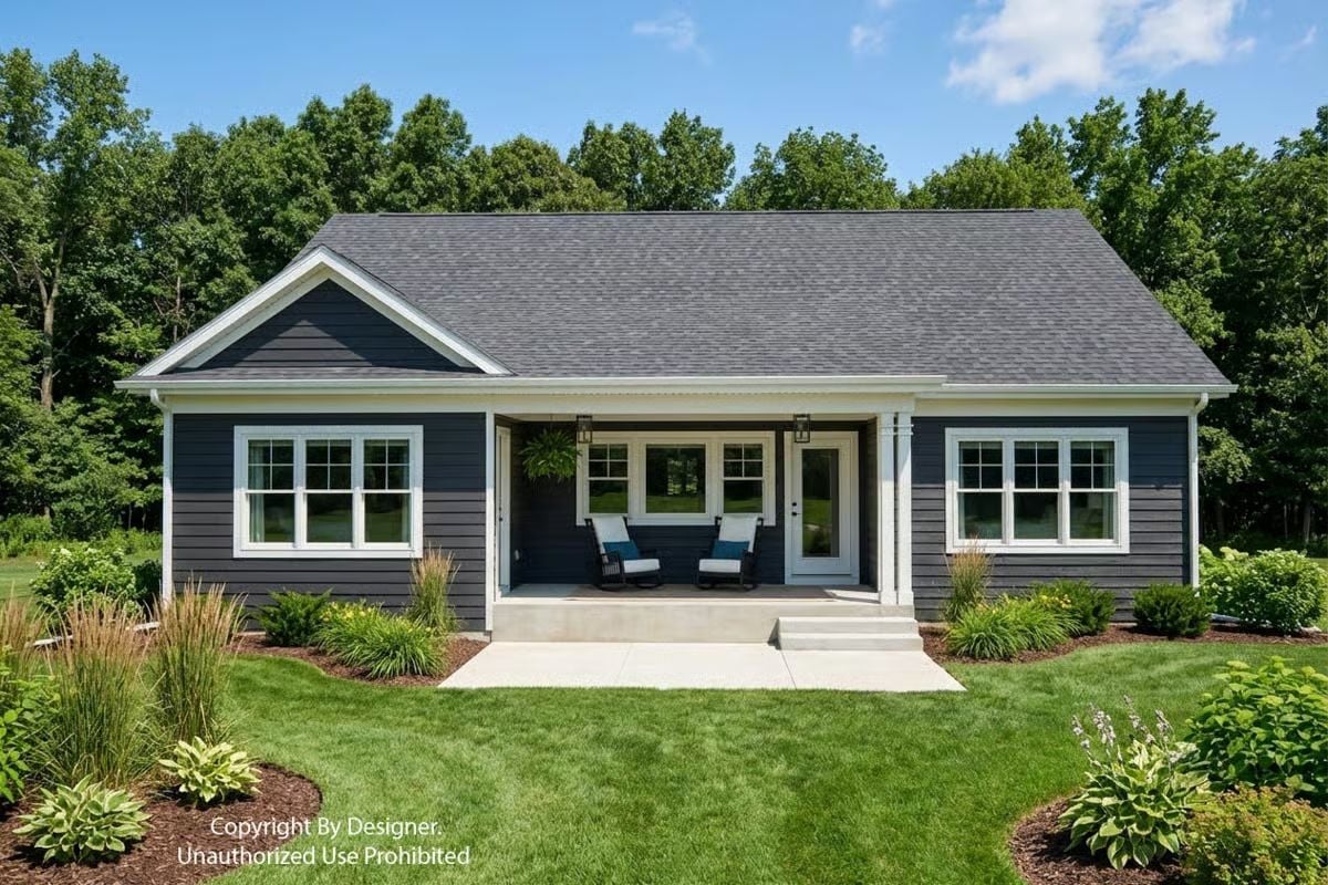 Dark Siding, Covered Porch, and Two Chairs That Invite You to Sit Down