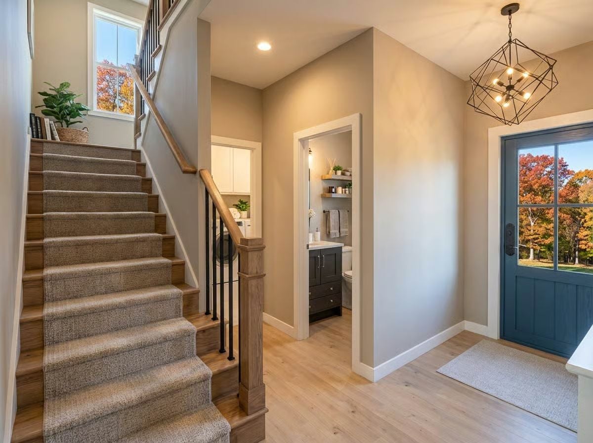 Warm Entryway Opens to Staircase, Half Bath, and Laundry Beyond