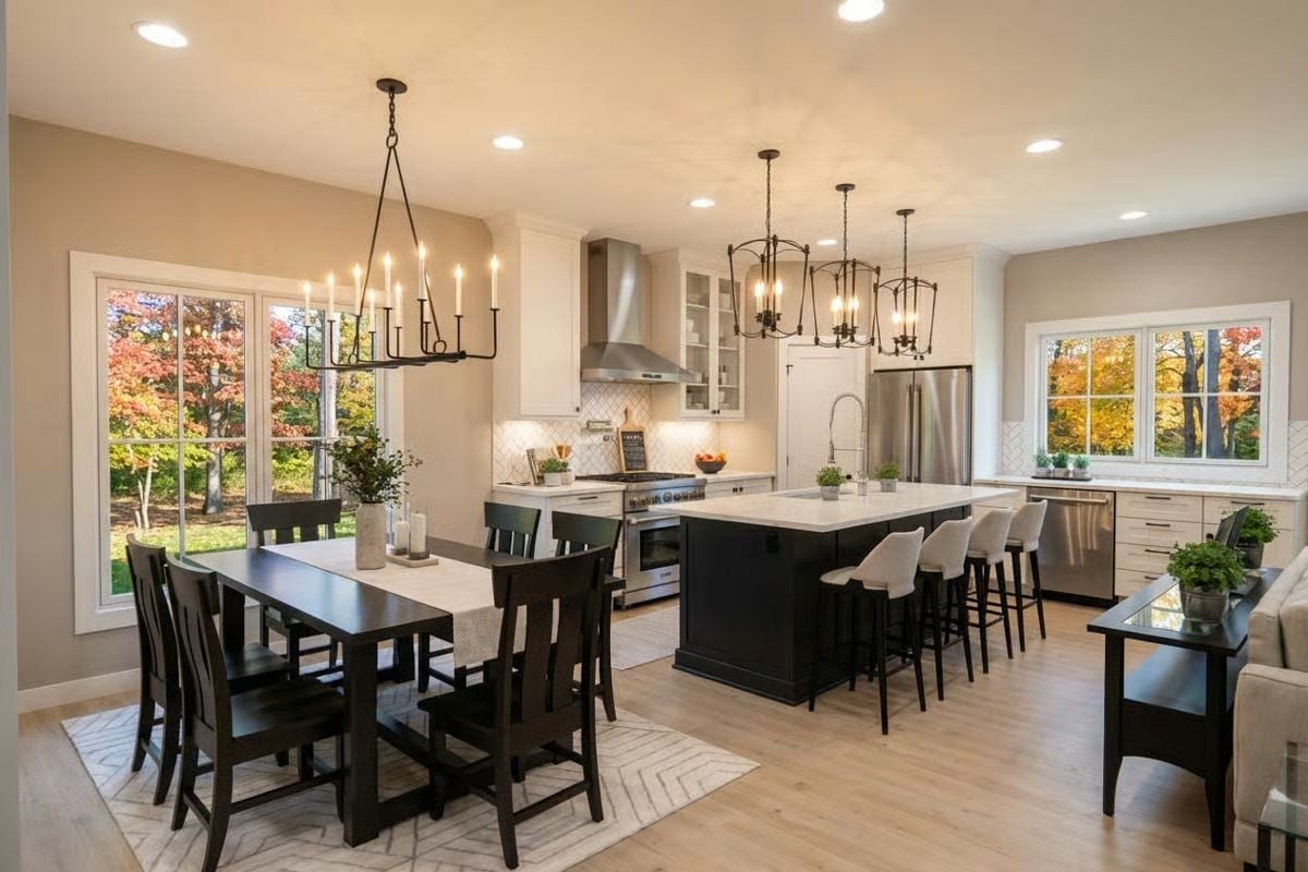 Black Island and Candle Chandeliers Anchor an Open Kitchen-Dining Space
