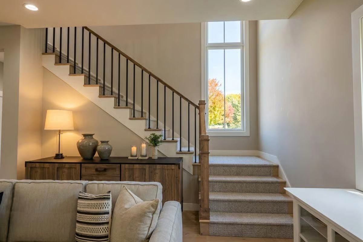 Carpeted Treads, Iron Balusters, and a Window That Frames the Fall Colors