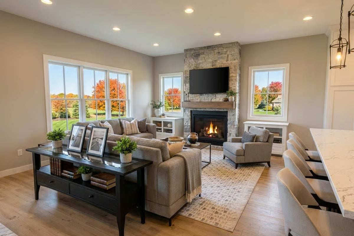 Stone Fireplace, Fall Views, and a Living Room That Earns Its Keep