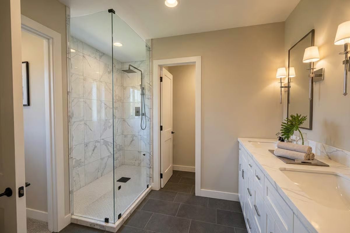 Marble Tile Shower, Glass Enclosure, and a Vanity Built to Handle Two