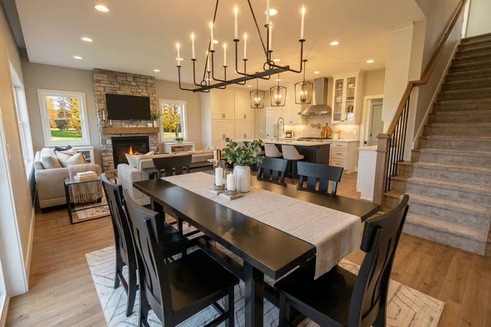 Dark Wood Dining Table and Iron Candle Chandelier Set a Farmhouse Tone