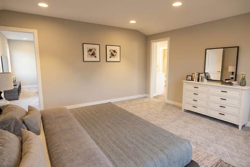 Carpet, Gray Bedding, and a White Dresser That Does Real Work