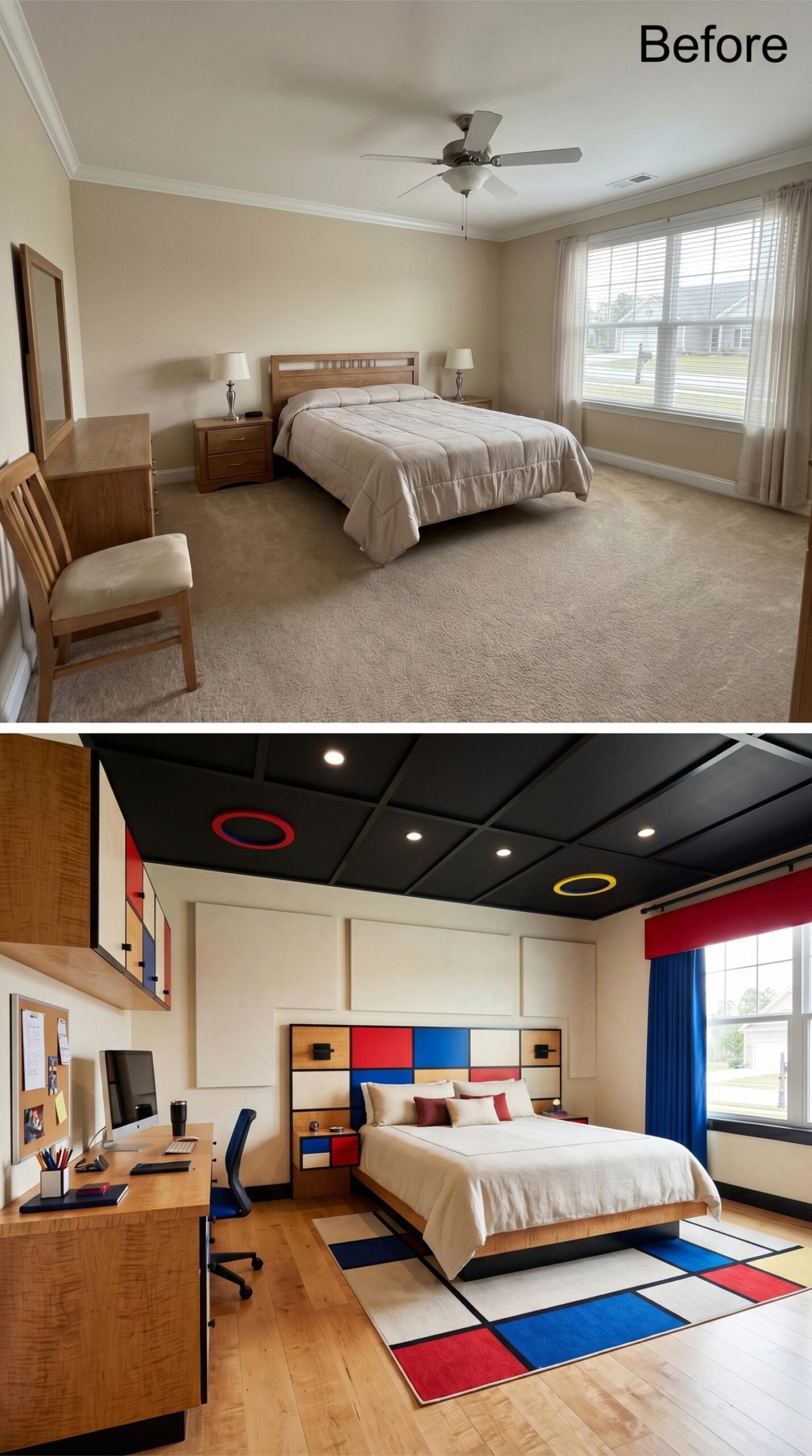 Mondrian Ceiling, Color-Block Headboard, and a Desk That Pulls a Full Shift