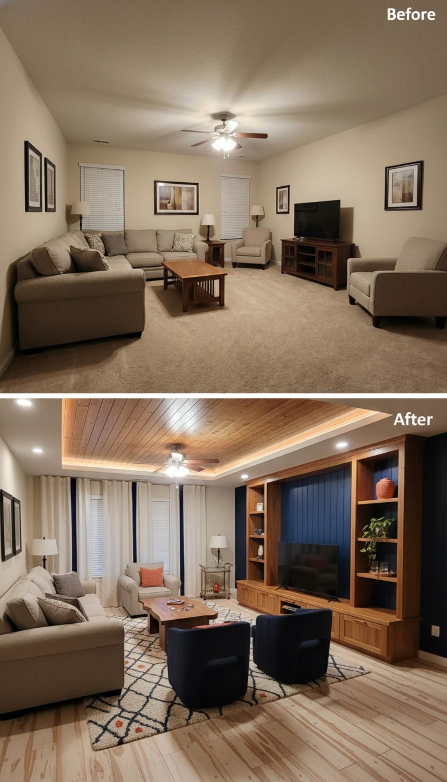 Wood Plank Tray Ceiling, Navy Built-In Wall, and Accent Chairs That Pull the Room Together