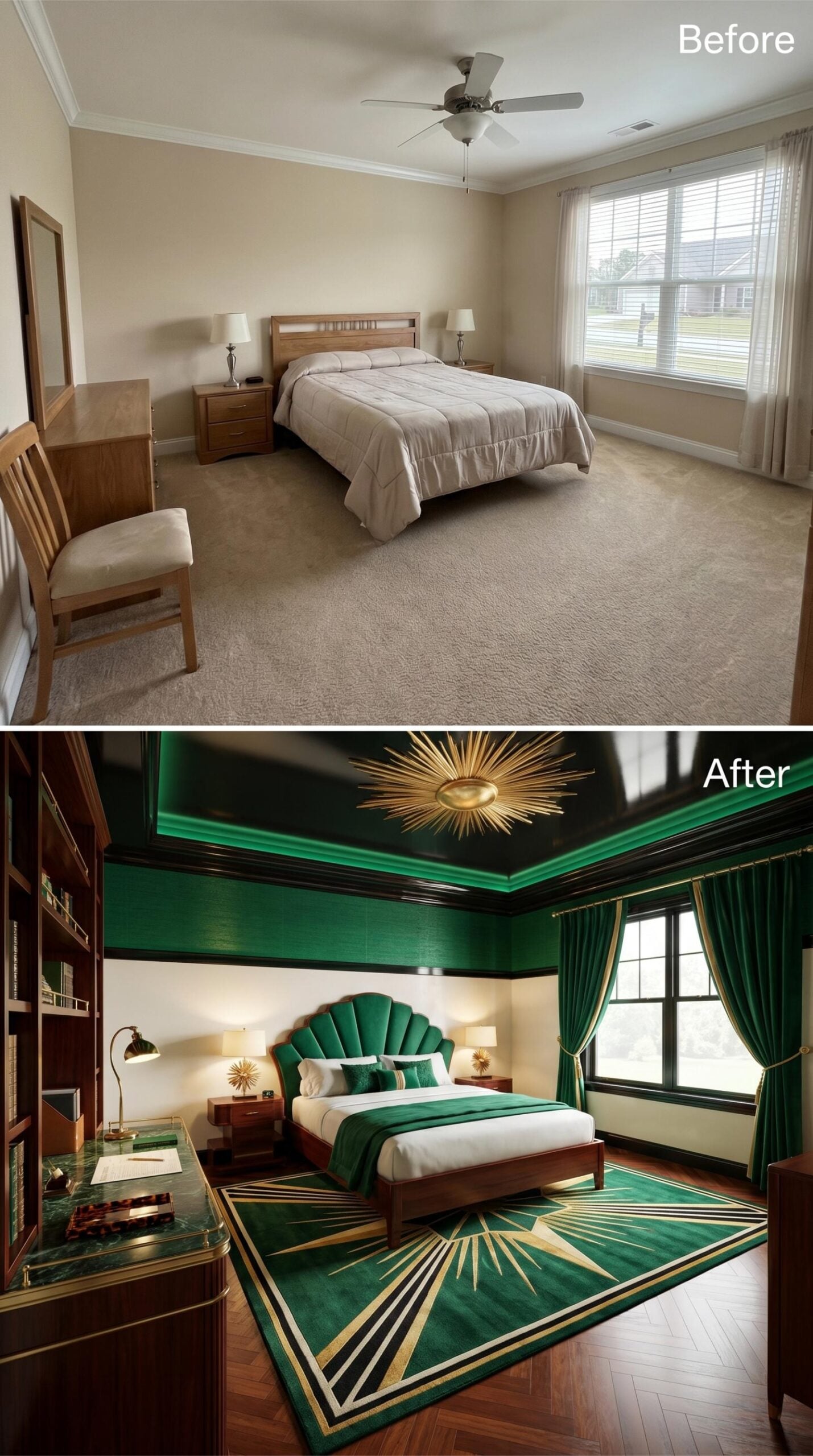 Art Deco Goes All-In: Lacquered Ceiling, Emerald Velvet, and a Desk Worth the Drama