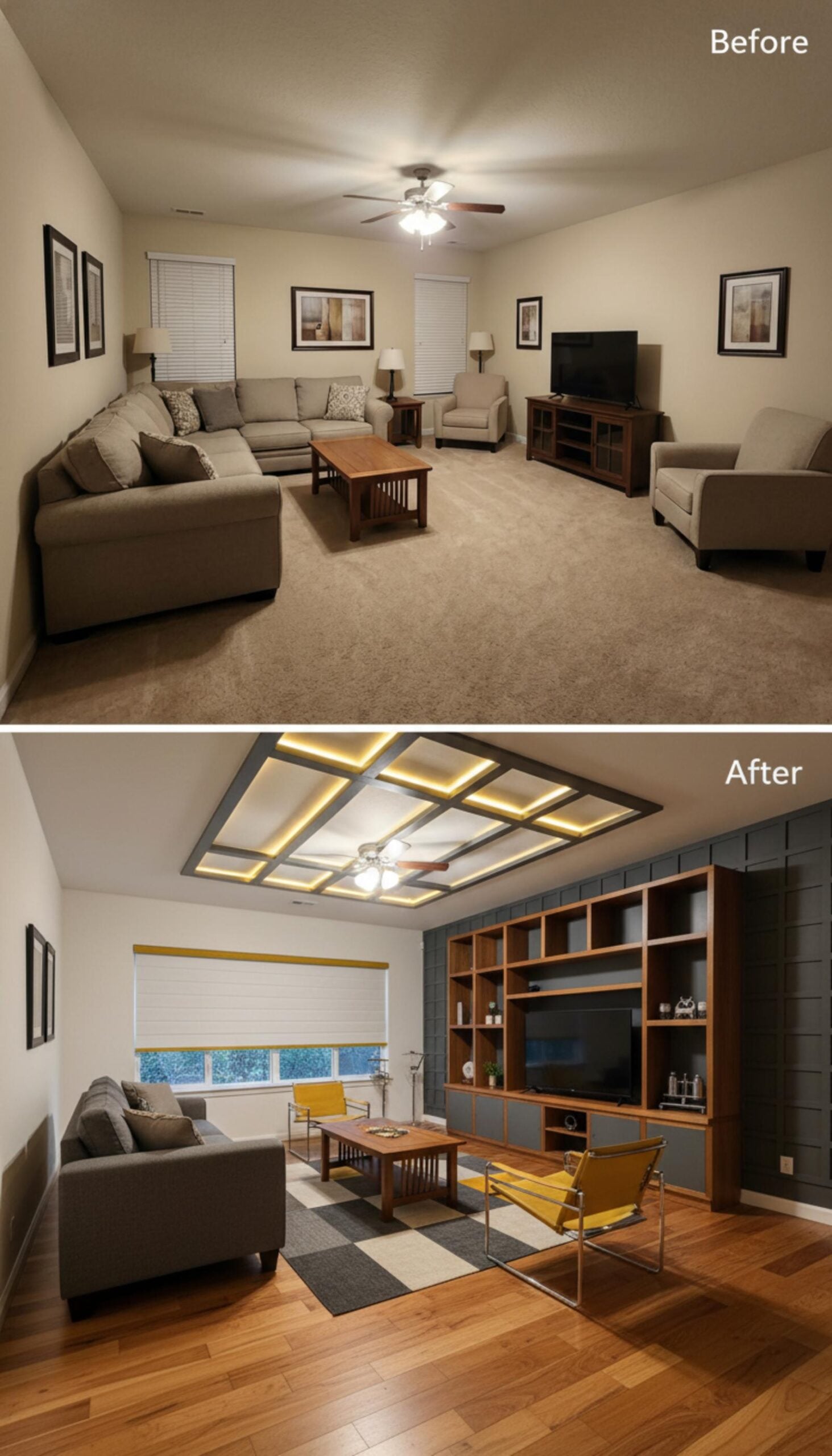 Coffered LED Ceiling, Yellow Accent Chairs, and a Built-In Wall That Does Real Work