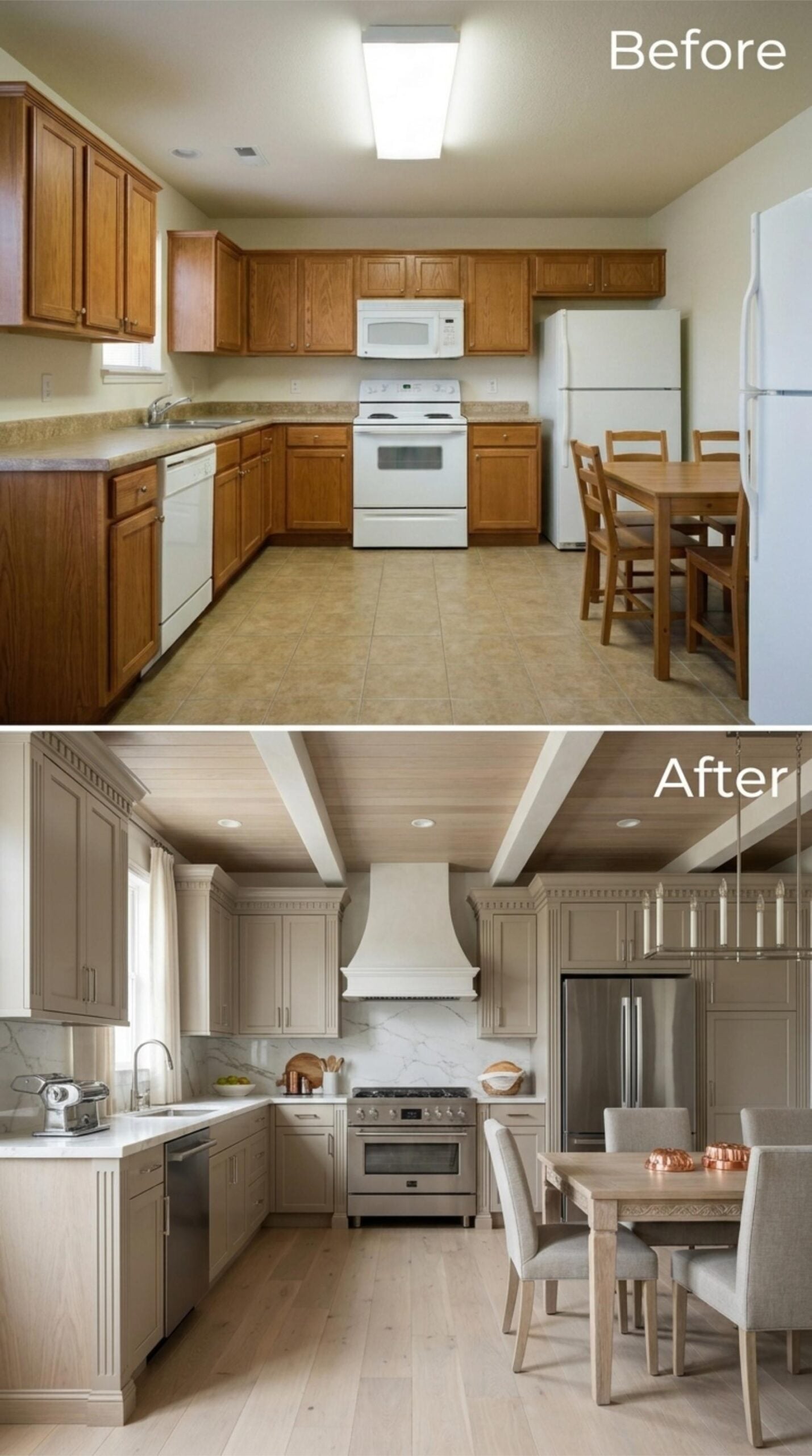 Greige Cabinets, a Statement Hood, and Recessed Beams That Actually Justify Themselves