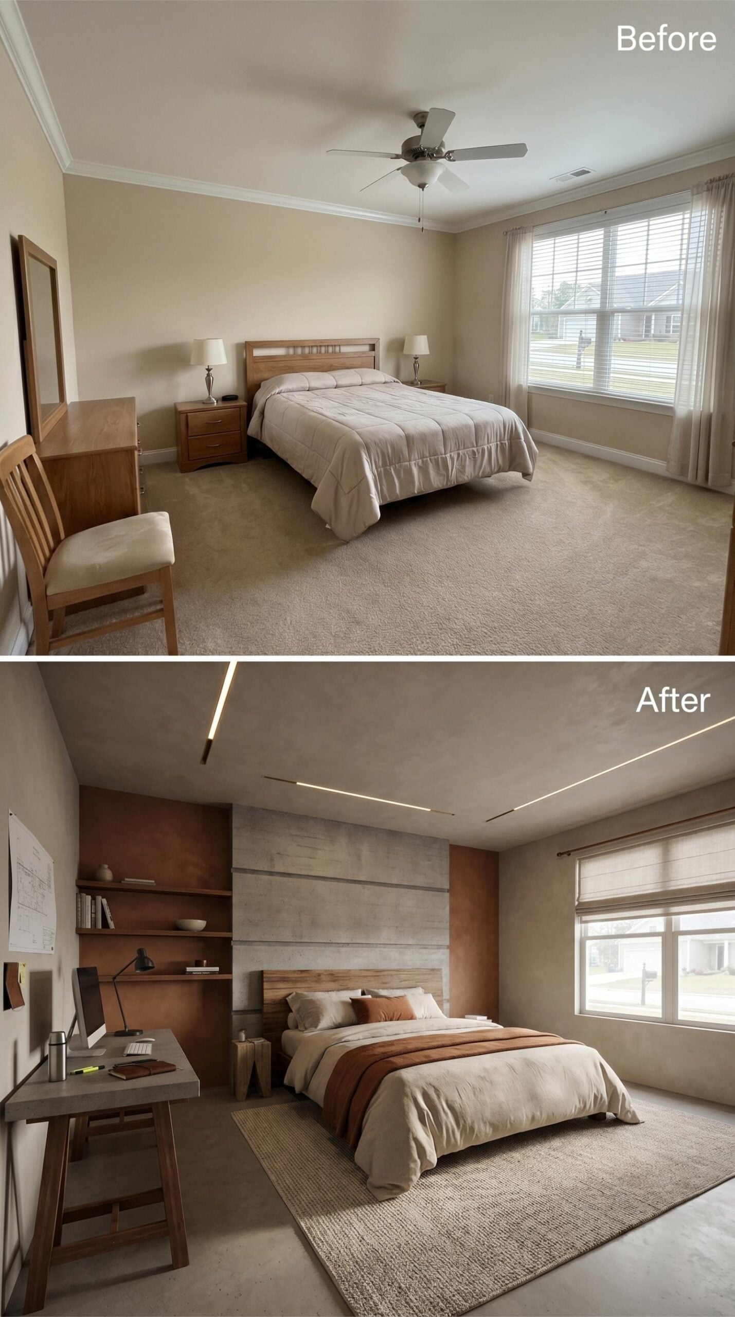 Linear Ceiling Slots, Concrete Desk, and Built-In Shelves That Pull Their Weight
