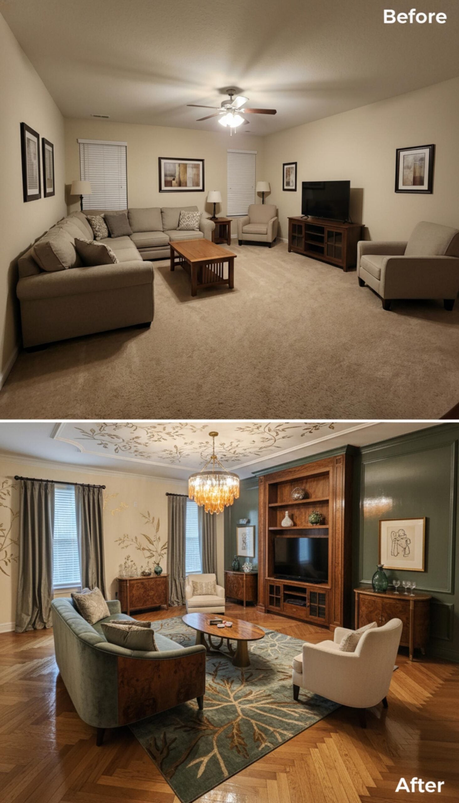 Painted Ceiling Medallion, Amber Chandelier, and a Built-In Wall That Changed the Whole Equation