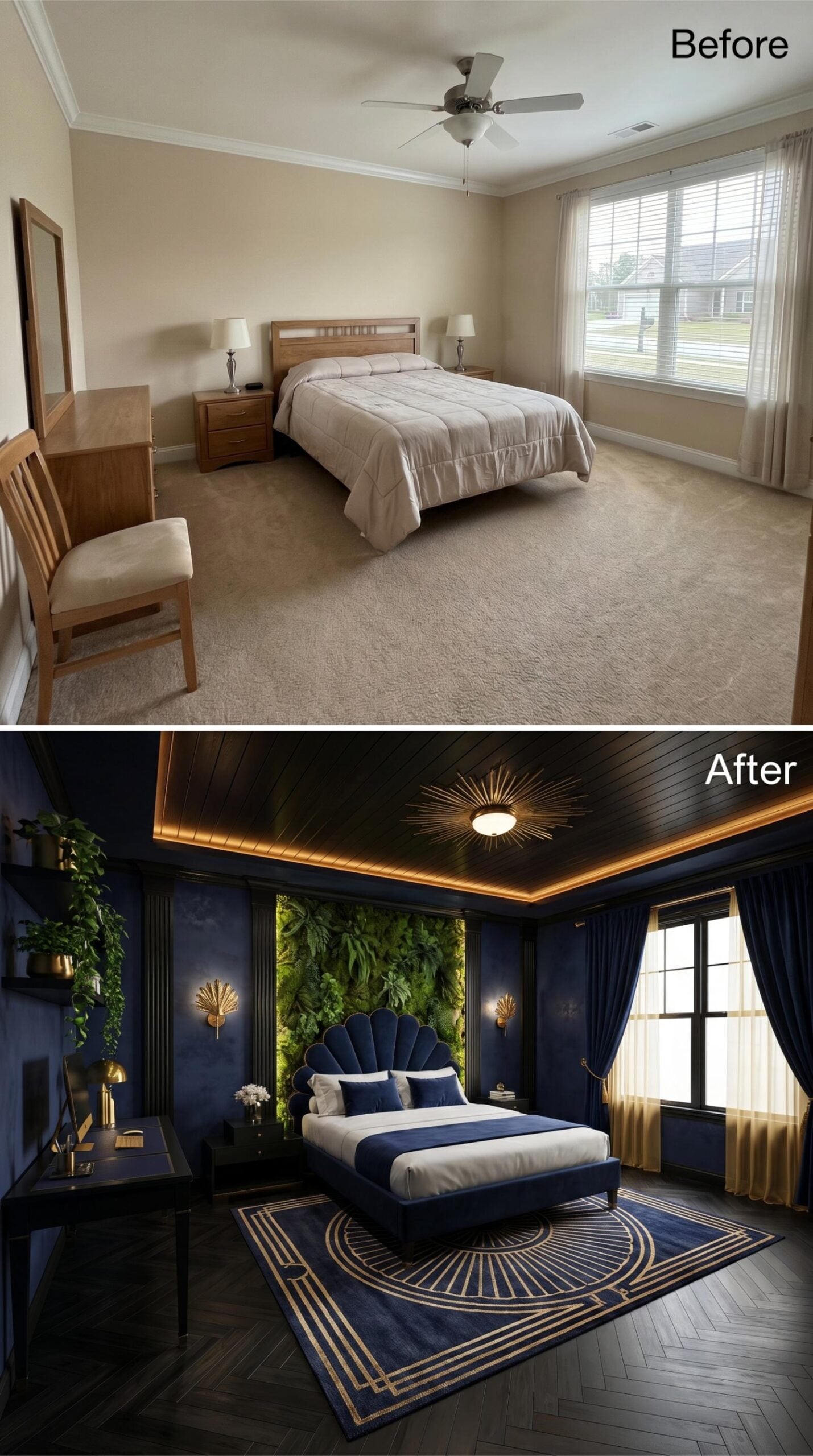 Navy Velvet, a Living Wall, and Gold Sconces That Actually Earn Their Keep