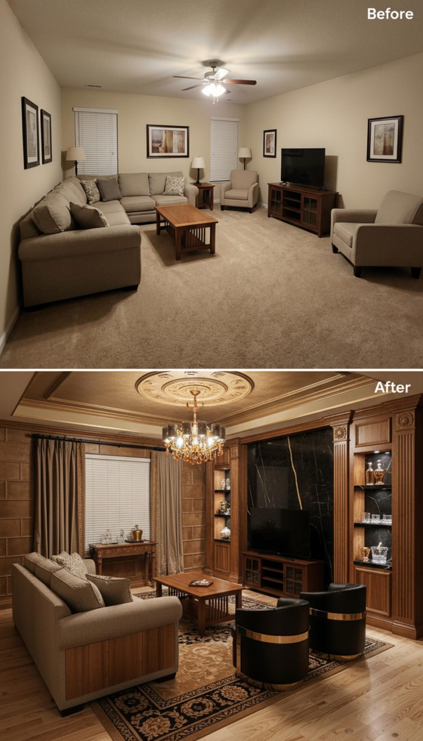 Dark Marble, Carved Wood Paneling, and a Bar Setup That Means Business