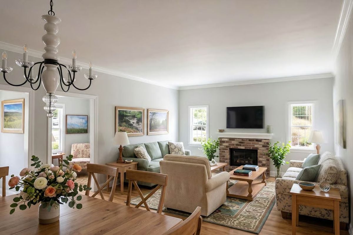 Light-Filled Living Room Where Brick Fireplace and Sage Sofas Do the Work