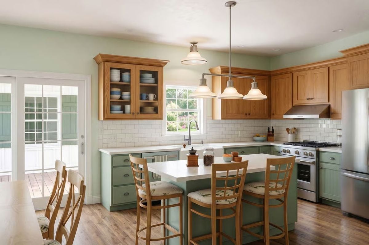 Sage Lower Cabinets and Warm Wood Uppers Pull This Kitchen Together