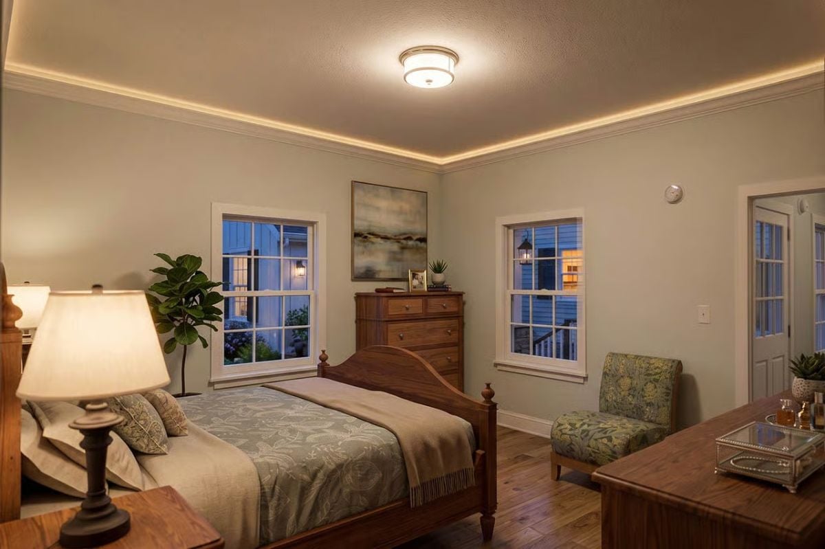 Crown Molding LED Strip Lighting Gives This Bedroom Its Quiet Glow