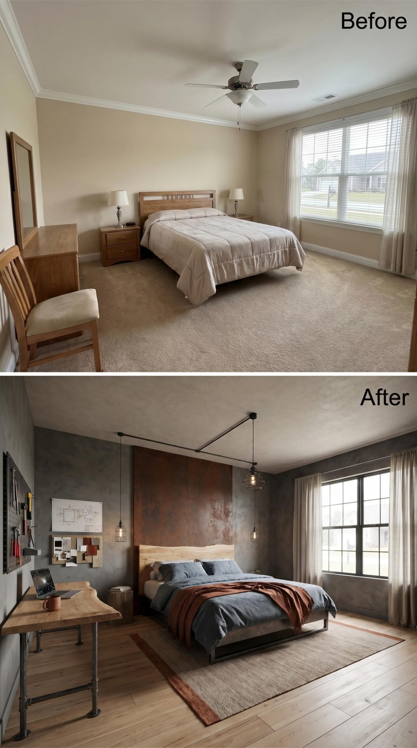 Oxidized Copper Accent Wall, Live-Edge Bed Frame, and Pipe-Leg Desk That Logs Real Hours