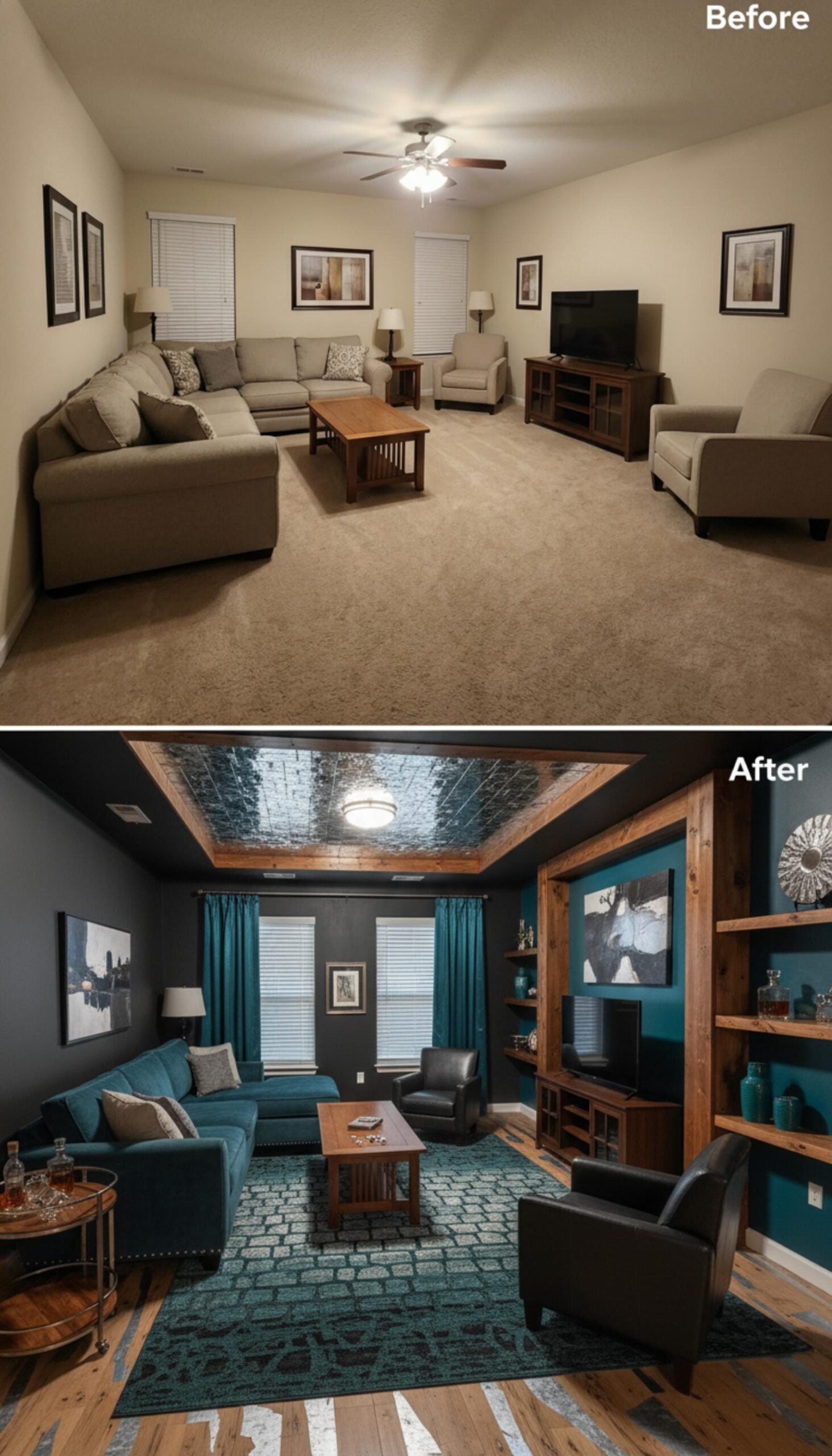 Tin Tray Ceiling, Teal Walls, and Knotty Pine Trim That Actually Earns Its Keep