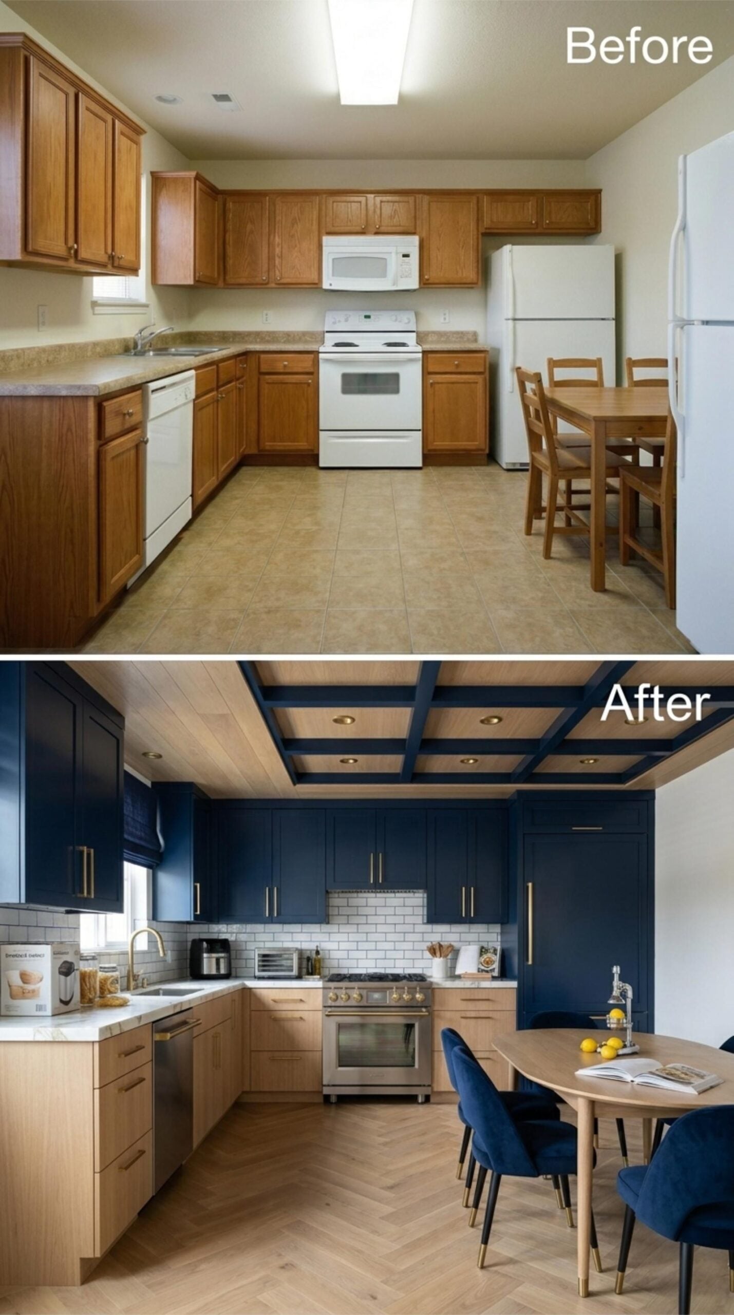 Navy Blue Cabinets and a Coffered Ceiling That Refuse to Play It Safe