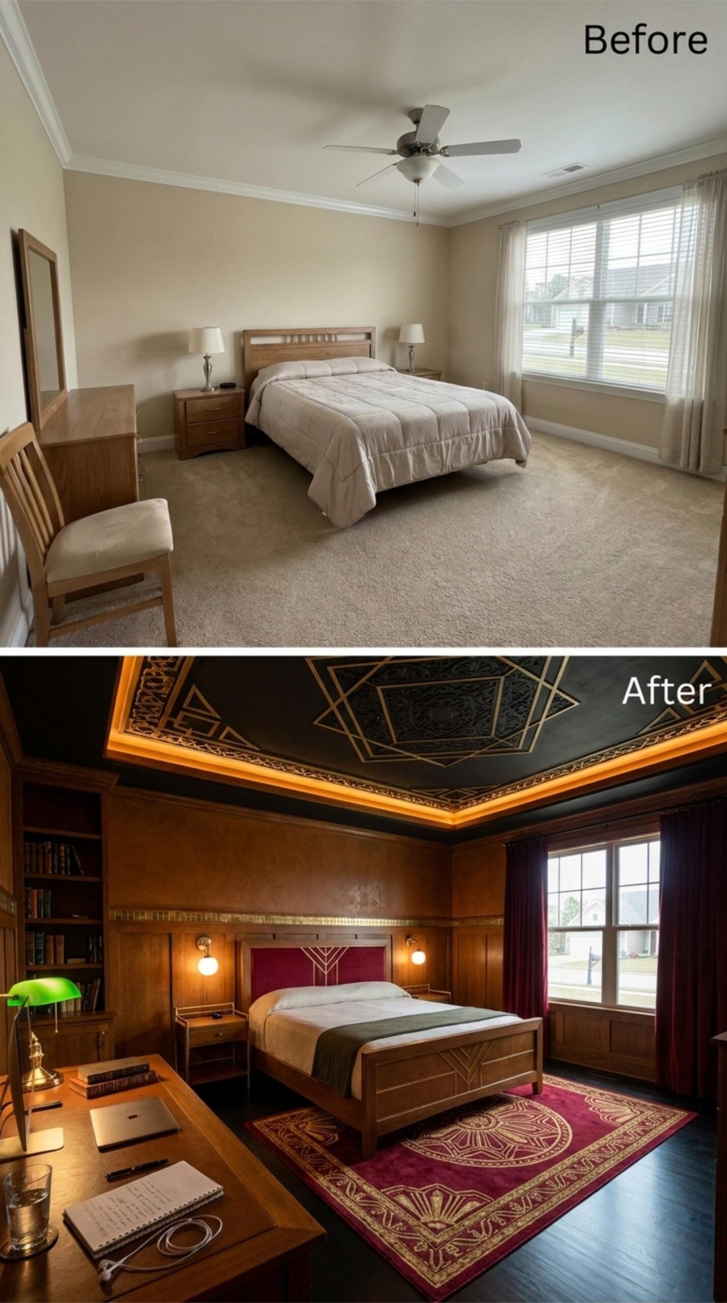 Dark Wood Paneling, a Gold-Trimmed Ceiling, and Desk Space That Earns Its Keep