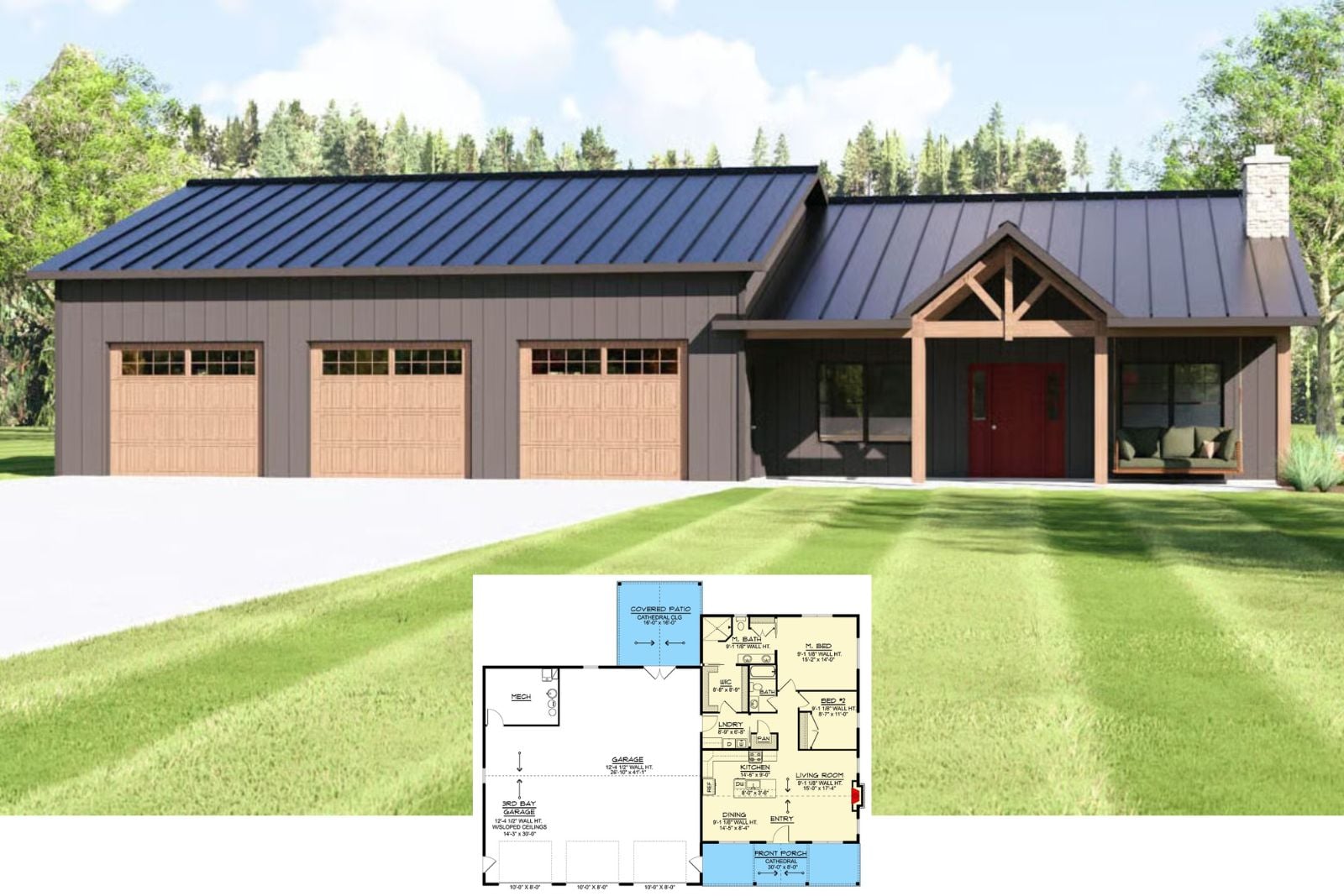 Craftsman-Style 2-Bedroom Barndominium with Front Porch and Covered Patio (Floor Plan)