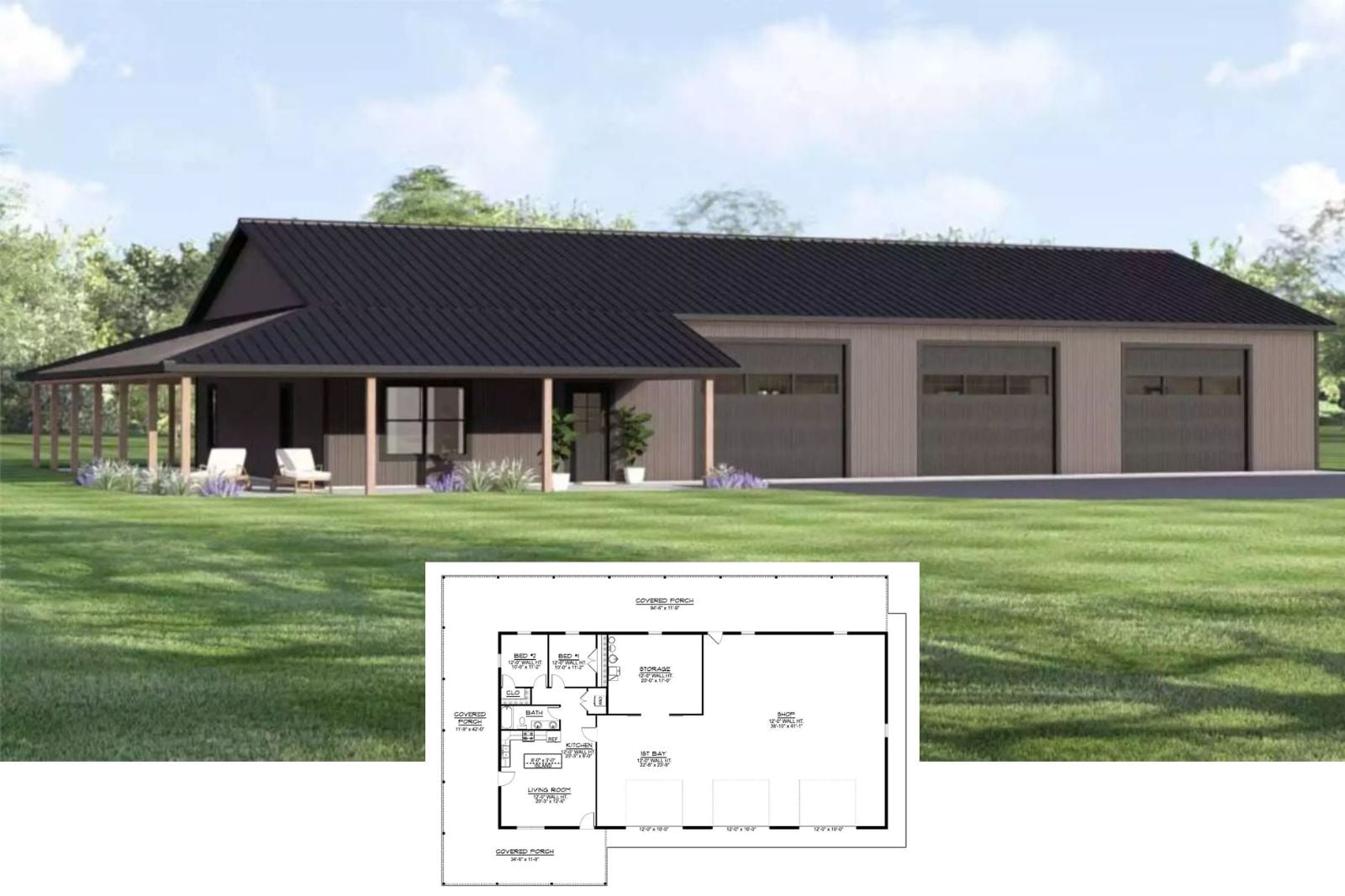 Lockefield 2-Bedroom Barndominium with Wraparound Porch and 3-Car Garage (Floor Plan)