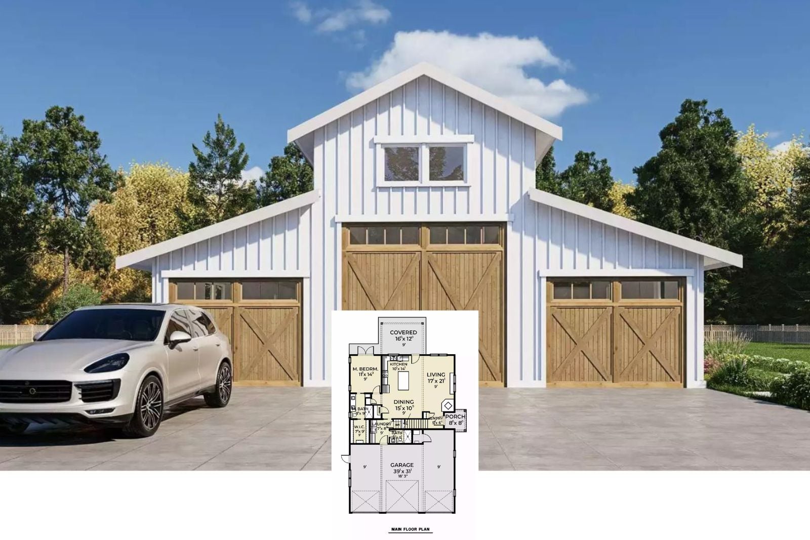 2-Bedroom Oakwood Barndominium with Loft and 3-Car Garage (Floor Plan)