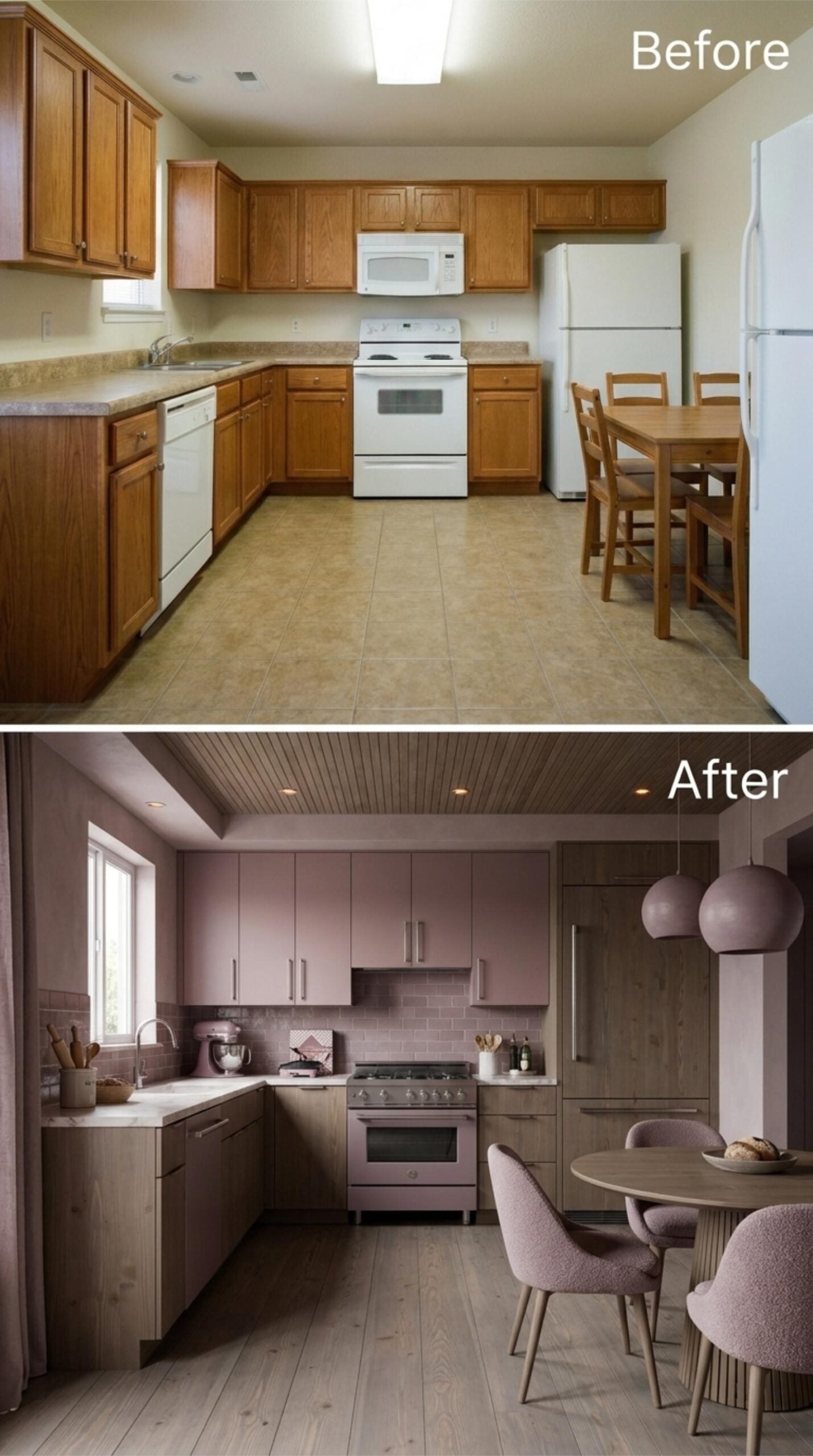 Mauve Cabinets, Slatted Ceiling Detail, and Pendant Lights That Don't Apologize