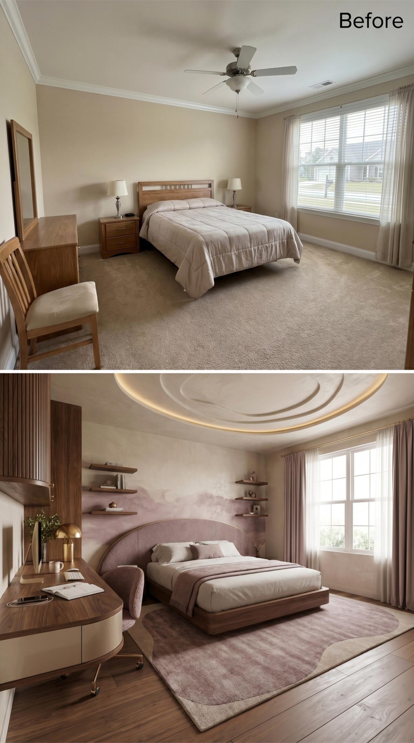Circular Plaster Ceiling, Dusty Rose Upholstery, and a Walnut Desk That Clocks Full Days
