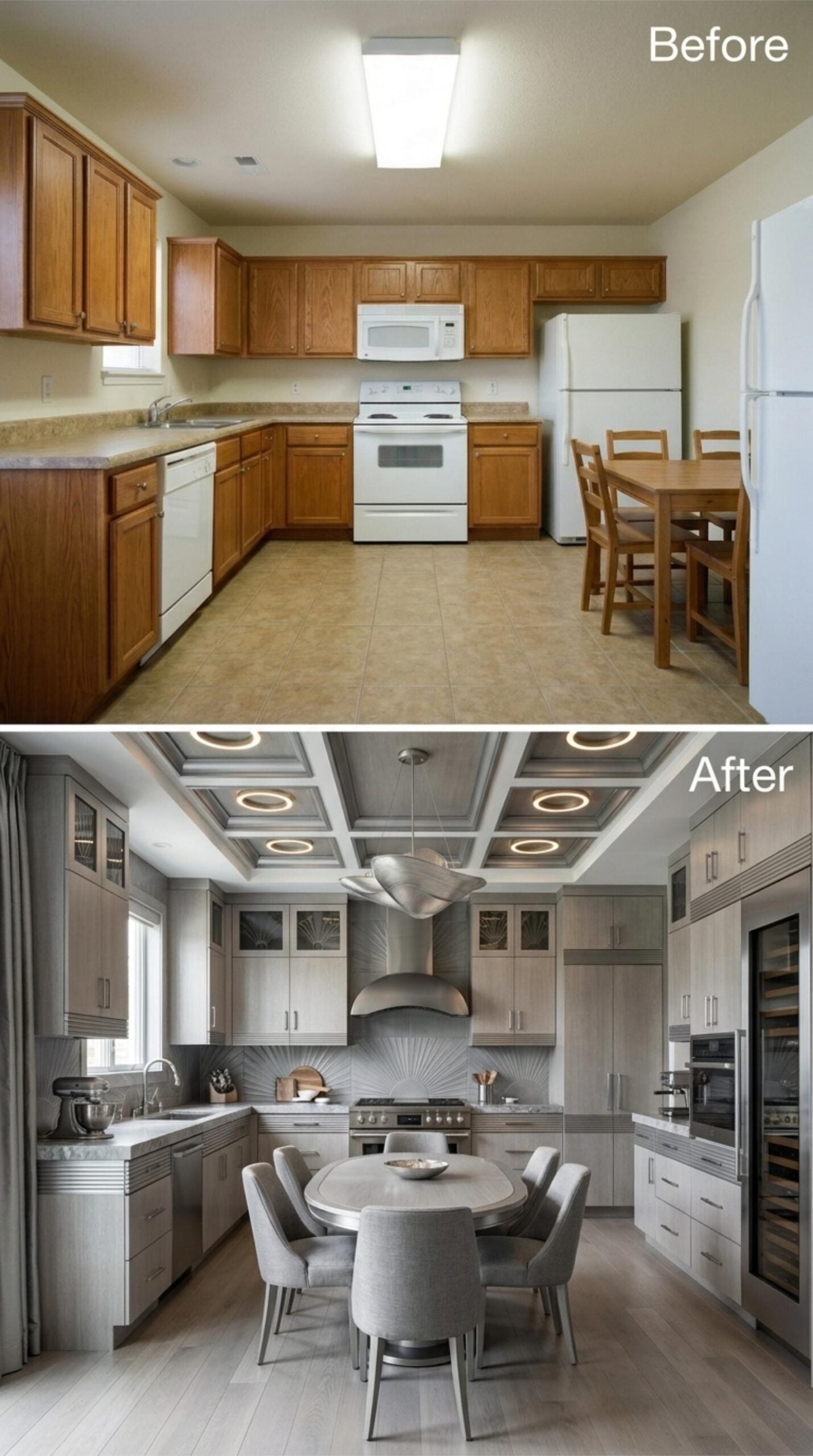 Coffered Ceiling, Sculptural Hood, and Gray That Refuses to Be Boring