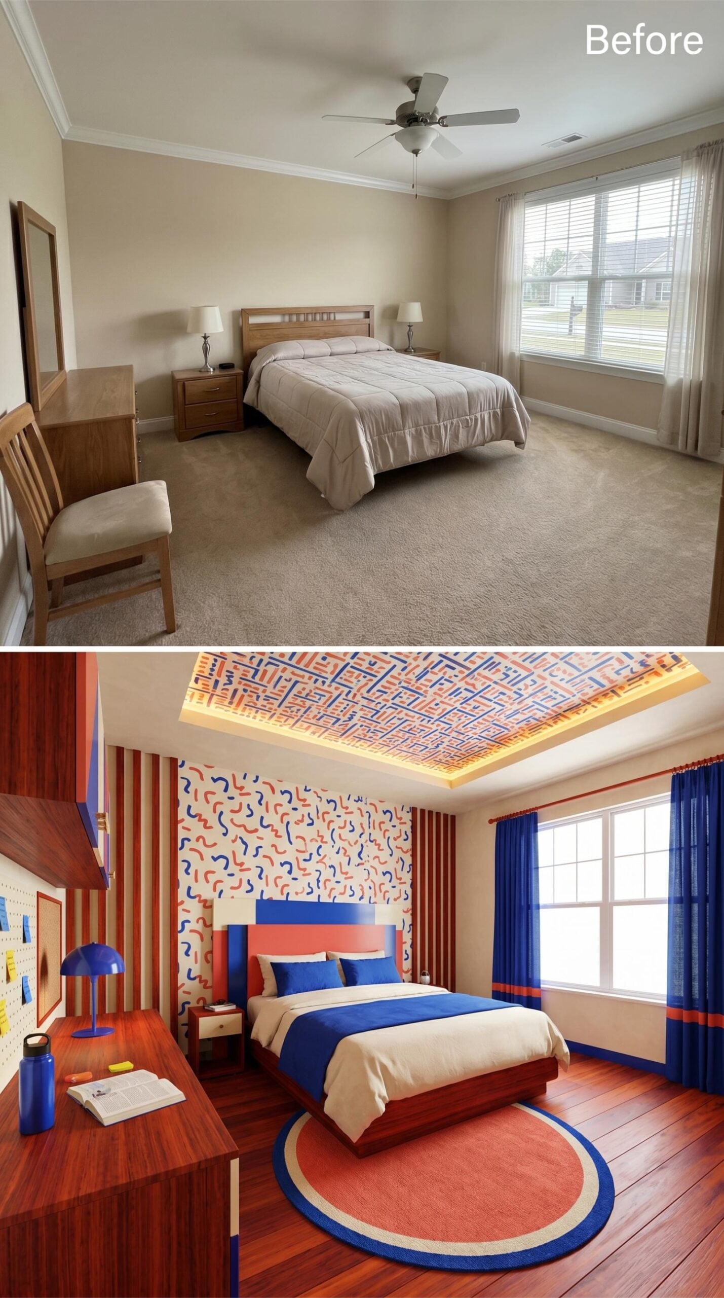 Bold Blue, Confetti Wallpaper, and a Mahogany Desk That Logs the Long Hours