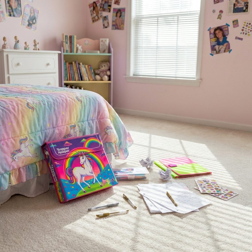 The Lisa Frank Trapper Keeper Open on the Bed, Surrounded by Gel Pens and Loose Homework