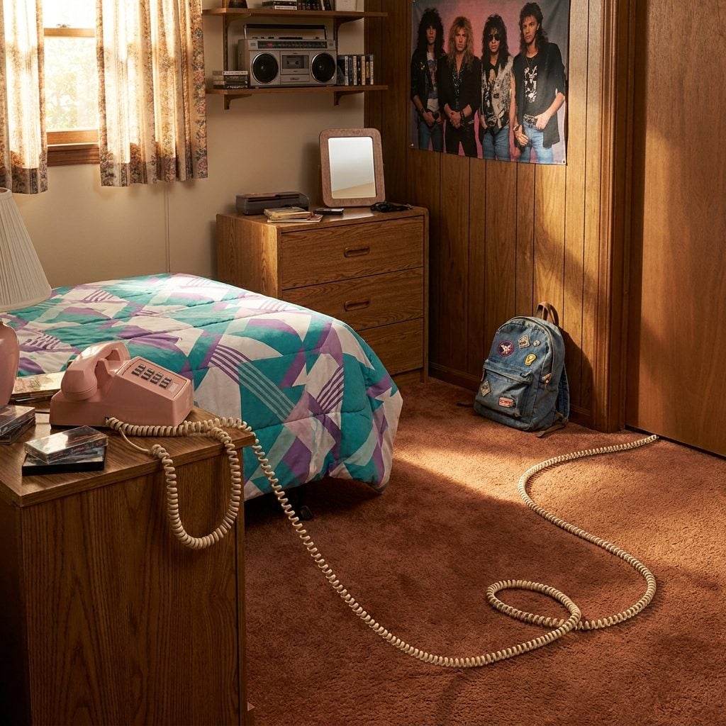 The Push-Button Phone With the Curly Cord Stretched Across the Entire Room