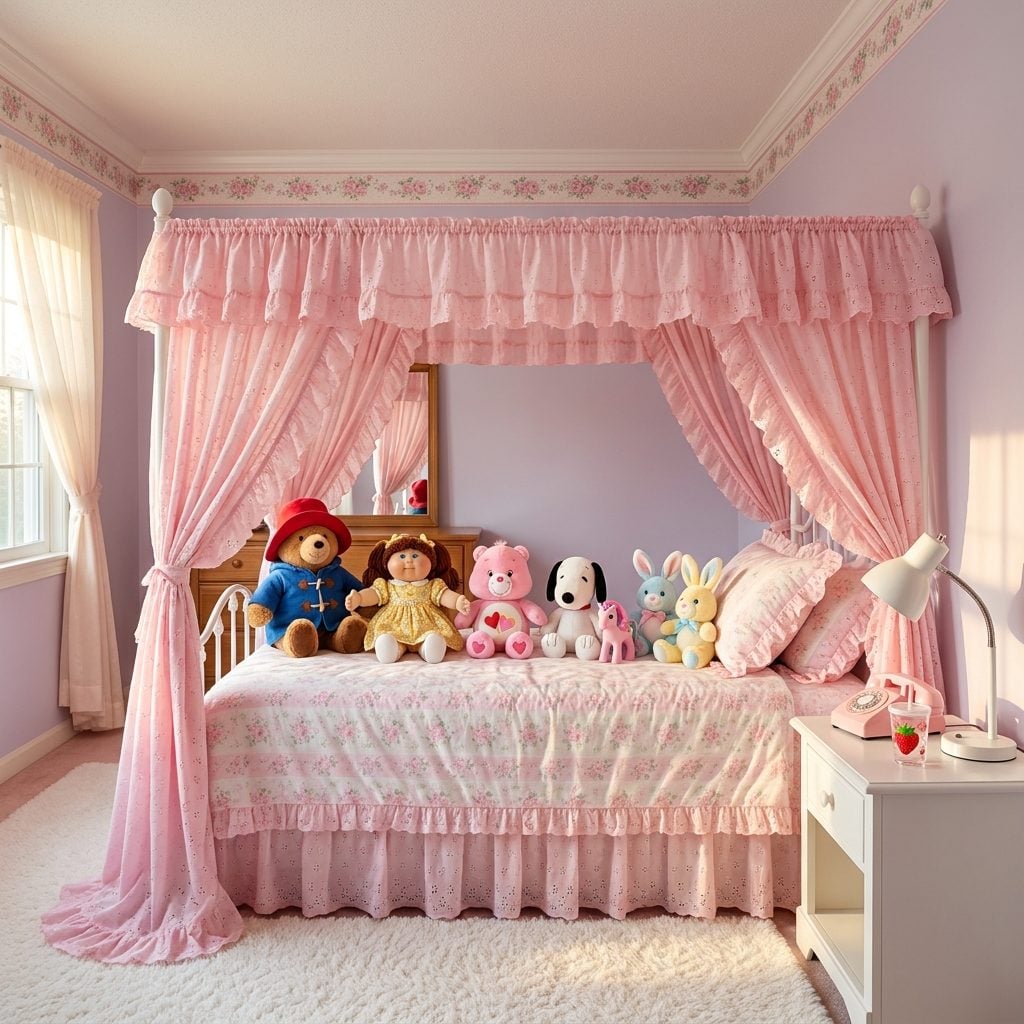 The Pastel Canopy Bed in Pink Eyelet Ruffles With Every Stuffed Animal Arranged in Perfect Formation at the Headboard