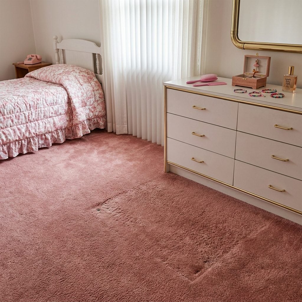 Wall-to-Wall Carpet in Dusty Mauve That Was Flat as a Pancake in Front of the Dresser