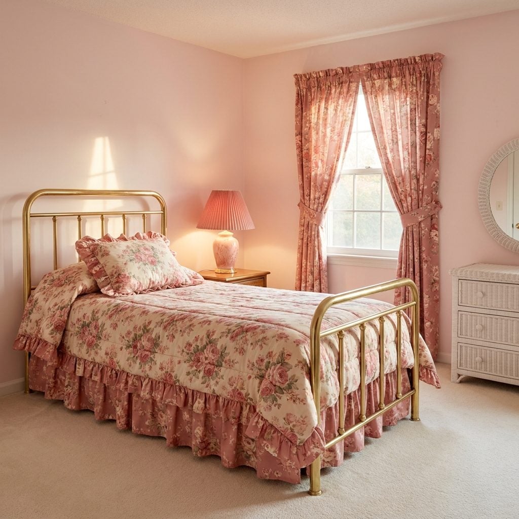 The Brass-Framed Bed with the Ruffled Floral Comforter Set That Matched the Curtains, Lampshade, and Dust Ruffle
