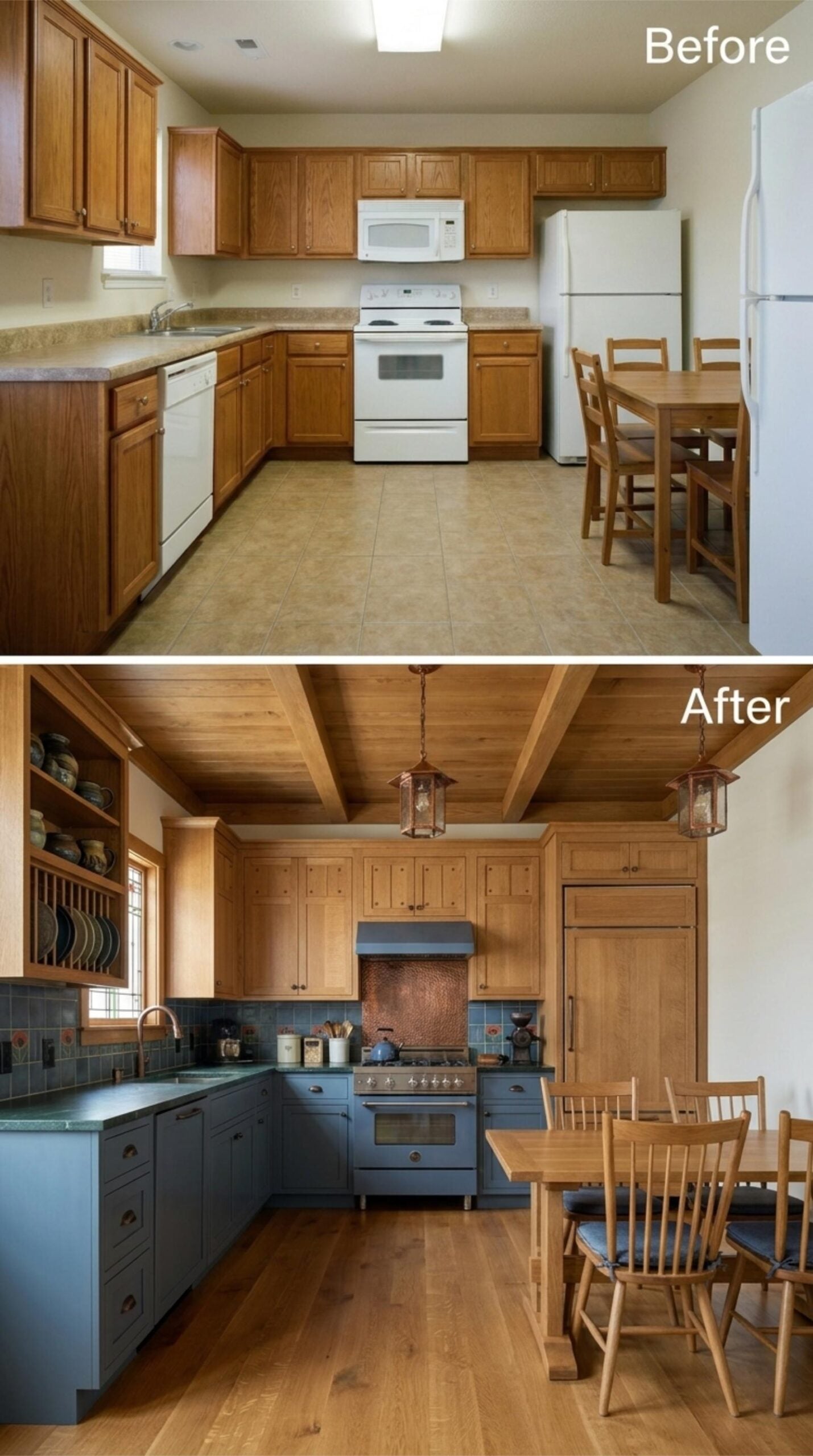 Slate Blue Lower Cabinets, Exposed Ceiling Beams, and Copper That Holds the Room Together